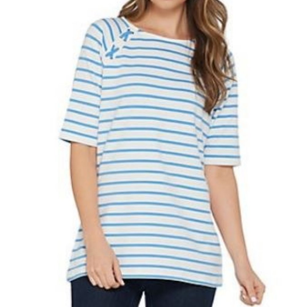 Denim & Co Elbow-Sleeve French Terry Striped Top
